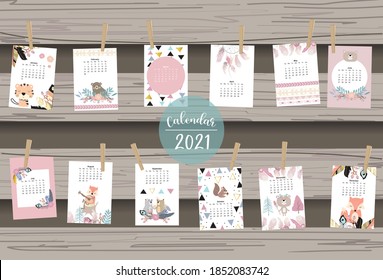 Cute boho calendar 2021 with feather,fox,wild,woodland for children, kid, baby.Can be used for printable graphic.Editable element