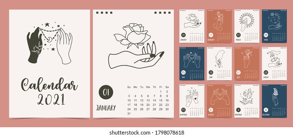 Cute Boho Calendar 2021 With Hand,flower For Printable,postcard,poster