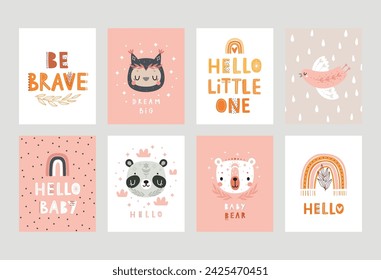 Tarjetas Boho lindas con letras y boho animales para su diseño - Hola pequeño, ser valiente, hola bebé y otros. Estampados infantiles dibujados a mano. Tema del vivero, ilustración vectorial.