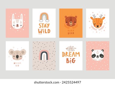 Cute Boho cards with Letterings and boho animals for your design - Dream big, stay wild and others. Childish hand drawn prints. Nursery theme, Vector illustration.