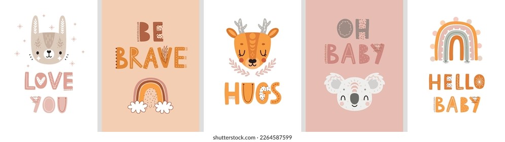 Cute Boho cards with Letterings for your design - Be Brave, Oh Baby, Hello Baby, Love and others. Childish hand drawn prints with animals. Nursery theme, Vector illustration.