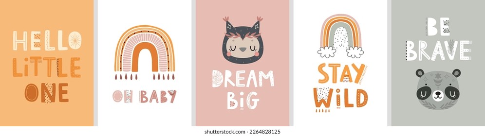 Cute Boho cards with Letterings for your design - Dream big, Stay wild, Hello little one and others. Childish hand drawn prints with animals. Nursery theme, Vector illustration.