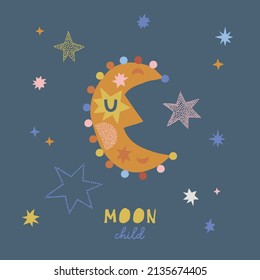 Cute Boho celestial childish sleeping crescent in starry sky vector illustration. Moon child phrase. Bohemian lunar day and night tee print for kids apparel or nursery wall poster.