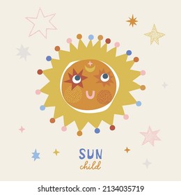 Cute Boho celestial childish smiling sun in starry sky vector illustration. Sun child phrase. Bohemian Solar day and night tee print for kids apparel or nursery wall poster.
