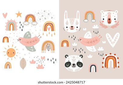 Lindo Boho colección con elementos gráficos para su diseño - arco iris, corazón, pájaro, conejito, oso. Elementos dibujados a mano infantiles. Tema del vivero, ilustración vectorial.