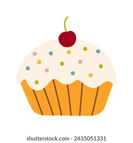 Cute boho cupcake with cherry in childish style. Sweet dessert for kids cards, baby shower, invitation, poster. Vector stock illustration