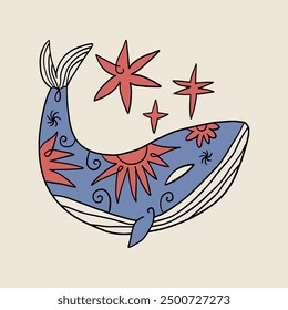 Cute boho doodle cartoon folk celestial ethnic whale flat vector illustration. Funny ocean animal hand drawn character white on background. Adorable sealife mammal, good for baby t shirt and more clip