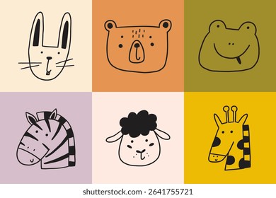 Cute boho doodle face baby animal square print. Cartoon character animal kid poster set. Vector illustration