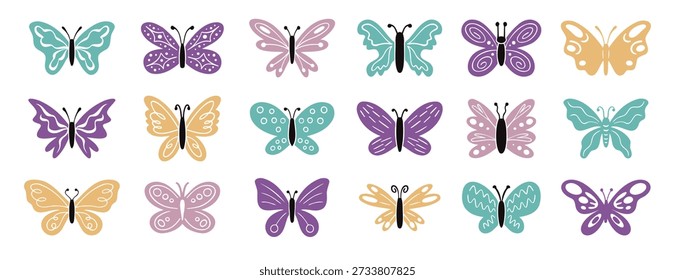 Cute boho doodle hand drawn butterfly pastel colors set. Vector illustration