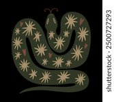 Cute boho doodle ornate celestial folk stylized snake hand drawn vector illustration. Childish flat style cartoon character, exotic tropical wild animal and more elements. Isolated on background. Baby