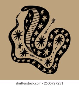 Cute boho doodle ornate celestial folk stylized snake hand drawn vector illustration. Childish flat style cobra cartoon character, exotic tropical wild animal and more elements. Isolated on background