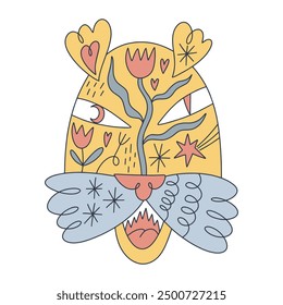 Cute boho doodle ornate folk stylized tiger muzzle face hand drawn vector illustration in Scandinavian style. Childish flat predator cat cartoon character, exotic tropical wild adorable animal baby