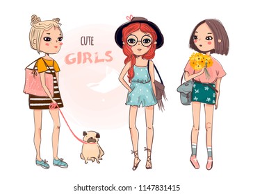 Cute boho girls. Colored vector set. Every girl is isolated