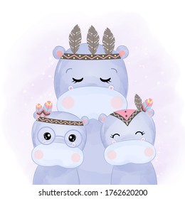 cute boho hippo family illustration, animal clipart, baby shower decoration, watercolor illustration.
