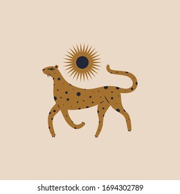 Cute boho leopard girl. Nursery childish style. Illustration in vector.