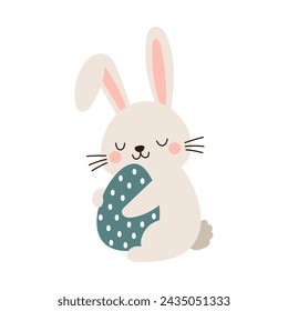 Cute boho little Easter bunny with egg. Cartoon rabbit character for kids cards, baby shower, invitation, poster. Vector stock illustration