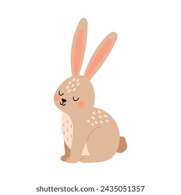 Cute boho little Easter bunny. Cartoon rabbit character for kids cards, baby shower, invitation, poster. Vector stock illustration