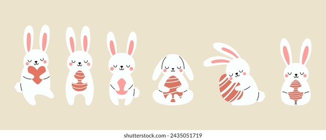 Cute boho little Easter bunny collection. Cartoon rabbit character for kids cards, baby shower, invitation, poster. Vector stock illustration
