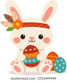 Lindo conejito de Pascua boho. Adorable conejito de Pascua adorable. Personaje de conejo de dibujos animados para tarjetas de niños, baby shower, invitación, cartel. Ilustración vectorial en estilo plano. 
