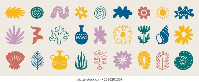 Cute boho Mediterranean set with soft pastel motifs, hand drawn. Vector illustration.