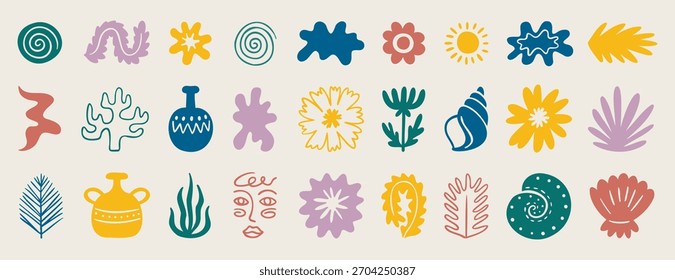 Cute boho Mediterranean set with soft pastel motifs, hand drawn. Vector illustration.