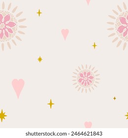 Cute boho minimalistic nursery background. Seamless pattern with hearts, stars, decorative elements. Beige, yellow and pink retro colors.