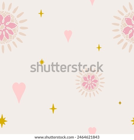 Cute boho minimalistic nursery background. Seamless pattern with hearts, stars, decorative elements. Beige, yellow and pink retro colors.