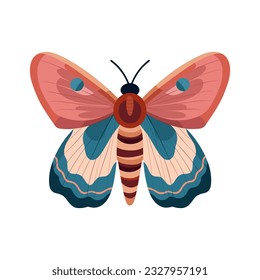 Cute  boho moth with beautiful wings. Summer butterfly Vector insect illustration isolated on white background. Trendy modern design for boho poster, magical card, t shirt print, sticker etc