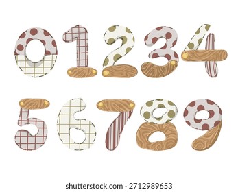 Nette Boho Zahlen mit Holz Textur gesetzt. Handgezeichnete Vektorskandi-Briefe, Blumen und Babyelemente für Kindergartendekoration, Lehrplakate oder Duscheinladungen.