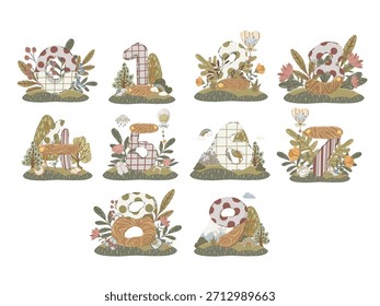 Nette Boho Zahlen mit Holz Textur gesetzt. Handgezeichnete Vektorskandi-Briefe, Blumen und Babyelemente für Kindergartendekoration, Lehrplakate oder Duscheinladungen.