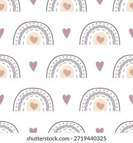 Cute boho pattern with rainbow and hearts. Charming modern Scandinavian design for kids