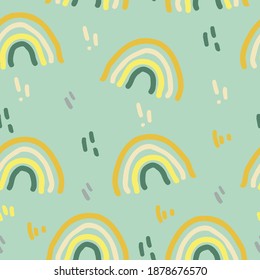 cute boho rainbow and dash doodle seamless pattern in trending color 2021. vector hand drawn minimalism simple. wallpaper, textiles, wrapping paper, decor. gray, gold, yellow, green. baby.