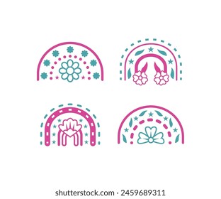 cute boho rainbow with flower leaves colorful vector icon design simple flat clipart illustration collections set