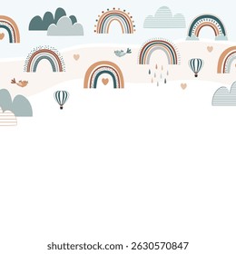 Cute Boho Rainbow frame border with hearts, clouds, birds, and hot air balloons. Pastel colors and Scandianvian style background. Vector illustration