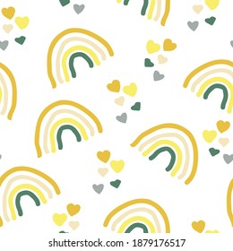 adorable arcoiris boho y corazones garabateando sin fisuras en el color de tendencia 2021. minimalismo dibujado a mano vectorial simple. papel pintado, textiles, papel envolvente, decoración. gris, dorado, amarillo, verde. bebé.