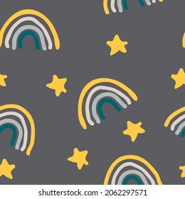 cute boho rainbow and hearts doodle seamless pattern in trending color 2022. vector hand drawn minimalism simple. wallpaper, textiles, wrapping paper, decor. gray, gold, yellow. baby