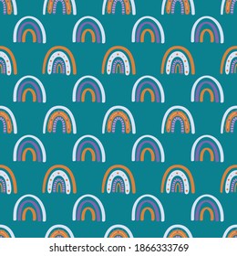 .Cute Boho rainbow on emerald background seamless pattern. Modern vector illustration for textiles, paper, printing design