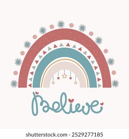 Cute boho rainbow printable wall art for nursery. Believe text