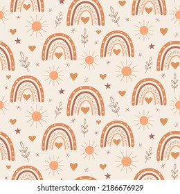 Cute boho rainbow  seamless pattern with sun , hearts and stars in terracotta, brown and peach. For baby shower, nursery décor and textile  