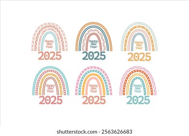 Cute Boho rainbows 2025 set for your design, childish hand drawn elements. Nursery theme, Vector illustration