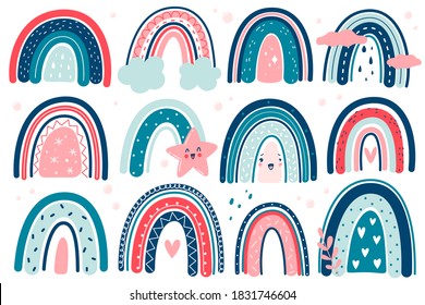 Cute boho rainbows. Kids hand drawn decorative cartoon doodle rainbow shapes with clouds in blue and pink colors, children party design nursery decor baby clothes and textile print vector isolated set