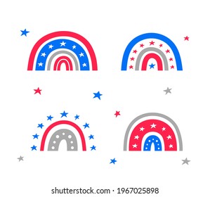 Cute boho rainbows with stars and dots in American flag colors isolated on white background. Perfect for posters, cards, clothing, etc.