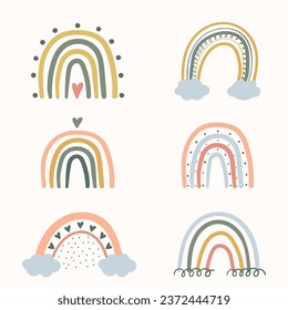  Cute Boho rainbows for your design, childish hand drawn elements. Nursery theme, Vector illustration.