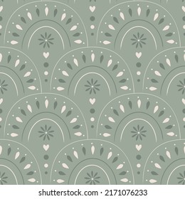 Cute boho seamless pattern in muted sage green color with arches. Vector background in modern bohemian style perfect for scrapbooking, textile, wrapping paper and stationery for kids and adults