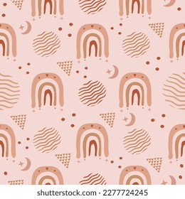 Cute boho seamless pattern with rainbow and abstract elements