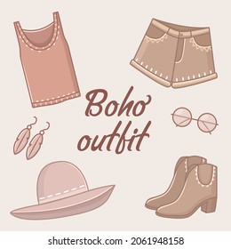 Cute boho style outfit set and accessories set, vector set.