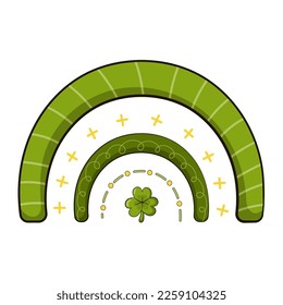 Cute boho style rainbows for St. Patrick`s Day with shamrock, irish sign of good luck in cartoon style isolated on white background