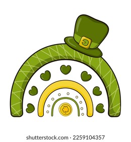 Cute-boho-artige Regenbögen für den St. Patrick`s Day mit Herzen und Koboldhut, irisches Zeichen von Glück im Cartoon-Stil einzeln auf weißem Hintergrund