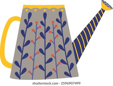 Cute boho style watering can isolated on white background. Garden element with floral ornament 	