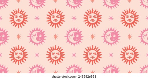 Cute Boho Sun and Moon Astrology Pink Seamless Pattern Vector Illustration